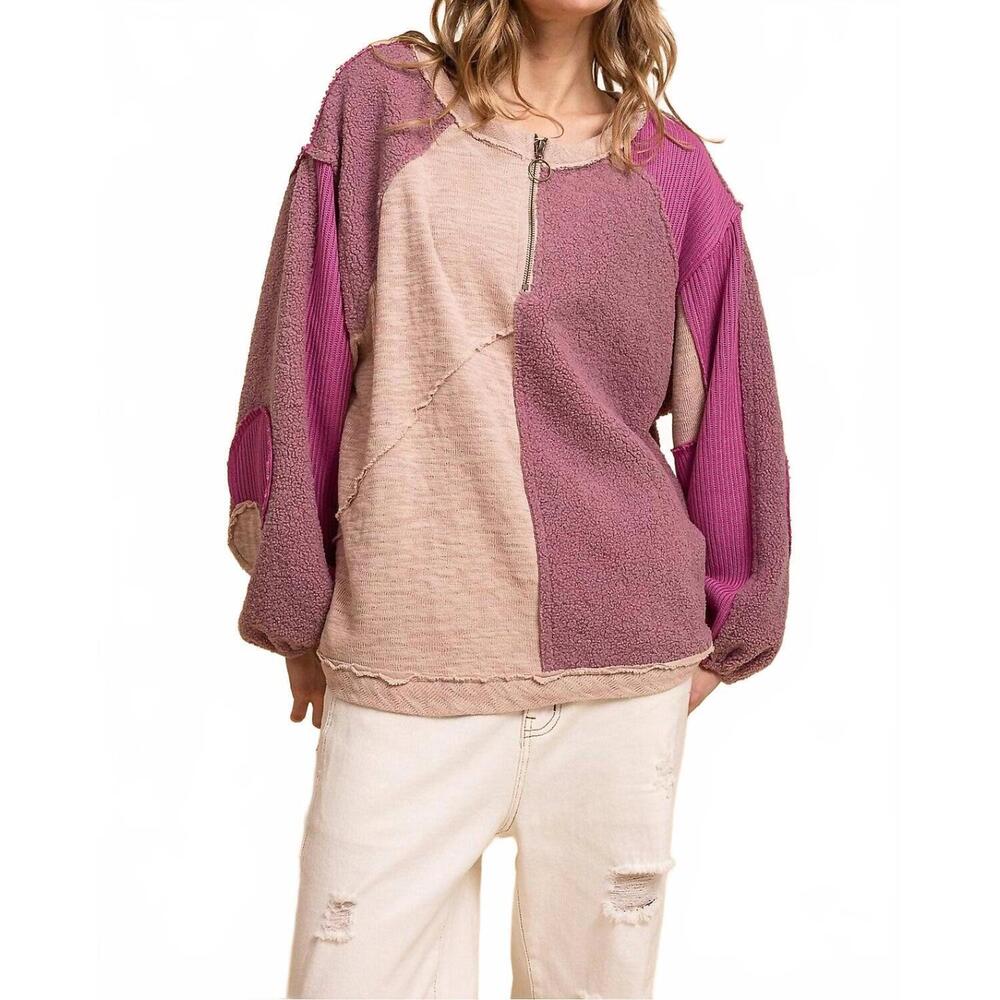 NEW BLUE VELVET relaxed fit multi media fabric mixed knit color block top in mul